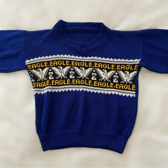 Vintage 70s knit eagle sweater children’s toddlers unisex boys girls blue retro - Picture 2 of 5